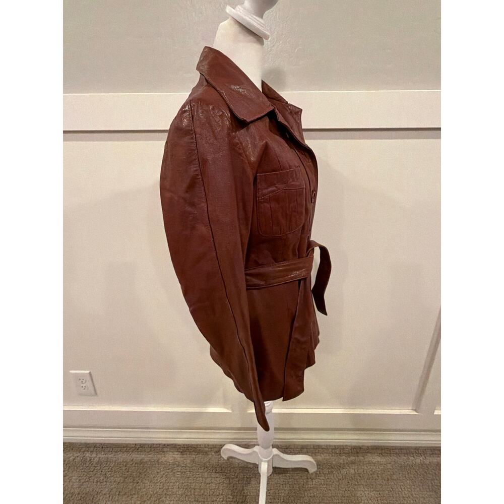Vintage 70s Le Soleil Genuine Leather Jacket 7/8 Brown Belted Safari Coat - Picture 5 of 14